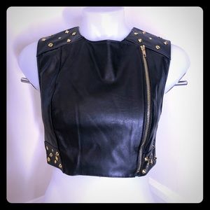 Leather Crop Top Vest Zip Gold Spikes Thong Set